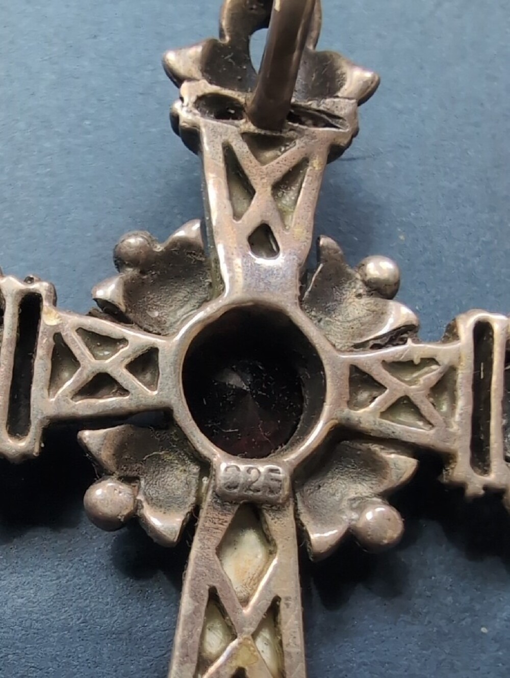 Sterling Silver Mother-of-Pearl Cross Pendant with Garnet Accent - Picture 3 of 3